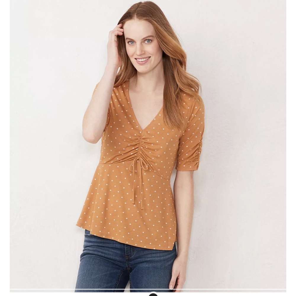 LC Lauren Conrad Women's Tan Polka Dot Elbow Sleeve Top